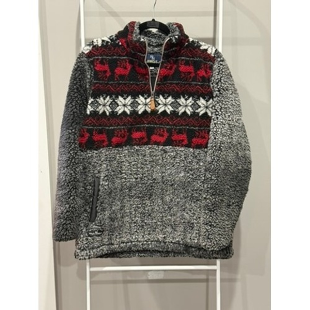 Simply Southern Reindeer Fair Isle Sherpa GreyRed Quarter Zip M Cabincore Preppy